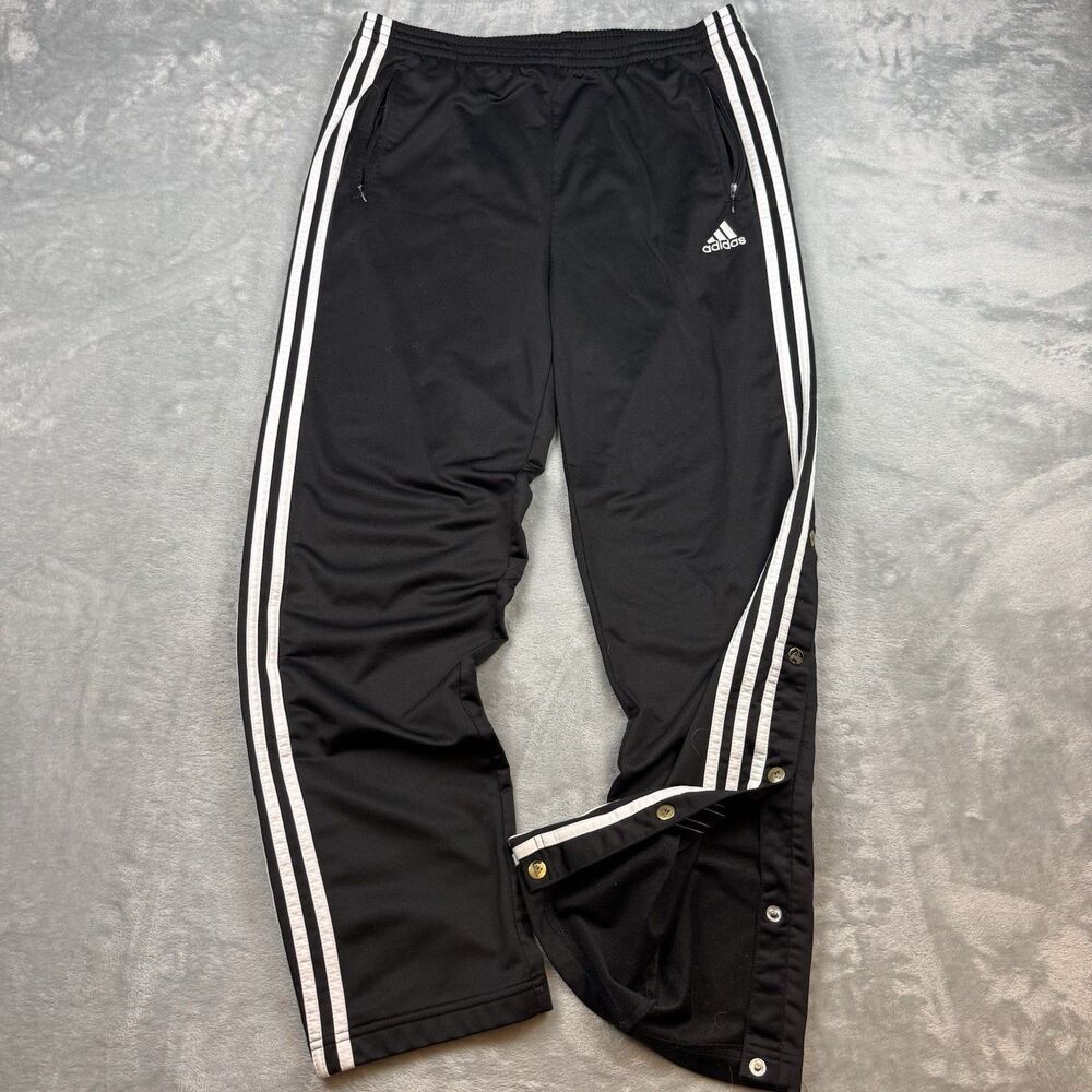 Vintage Y2K Black Adidas 3 Stripe Snap Tear-Away Track Pants Men’s L Wide Leg